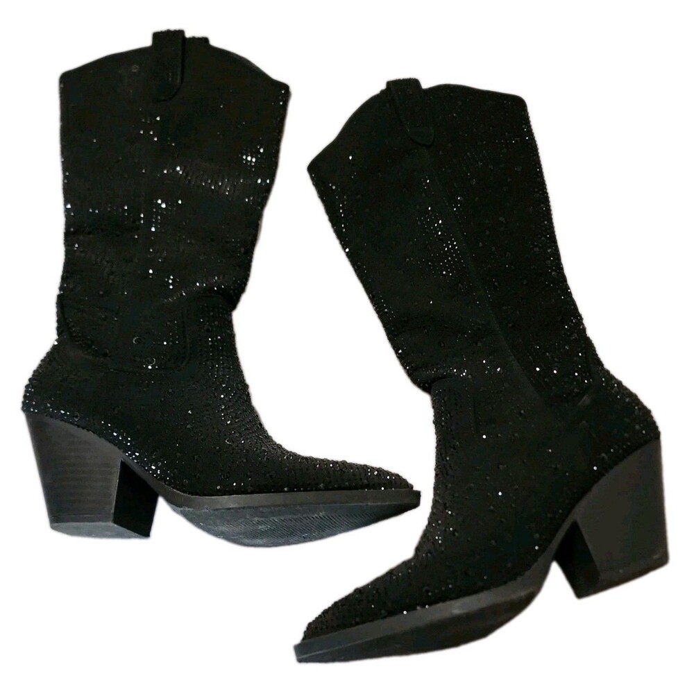 Womens Black Sparkly Tall Boots Zip Up Size 7.5